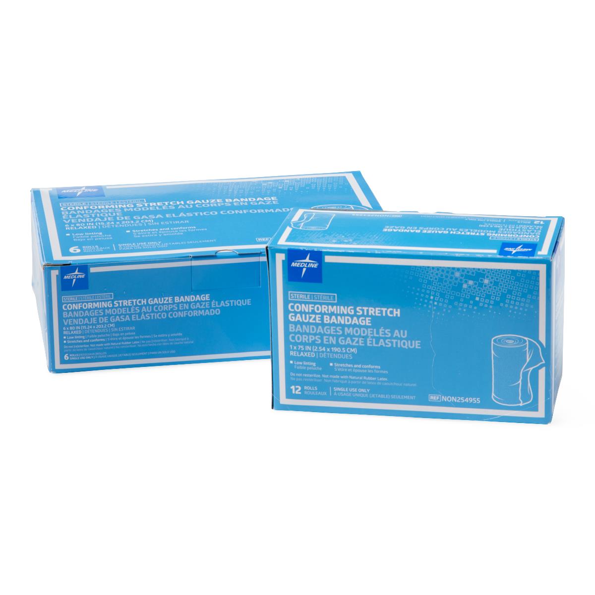 Conforming stretch gauze bandage boxes by Medline, two blue boxes shown together on white background