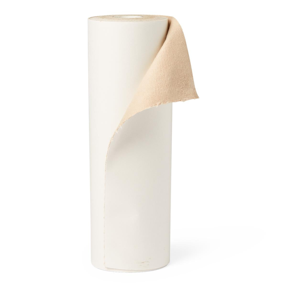 Moleskin roll with white smooth outer surface and beige felt inner layer, partially unrolled to show both sides