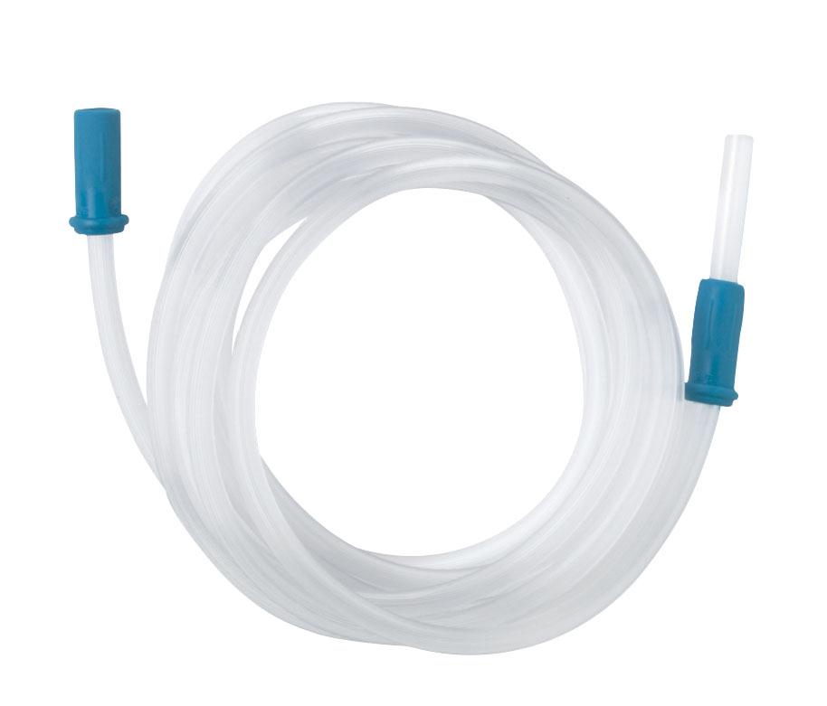 Suction connection tubing coiled with blue connector fittings on each end, clear flexible plastic, sterile