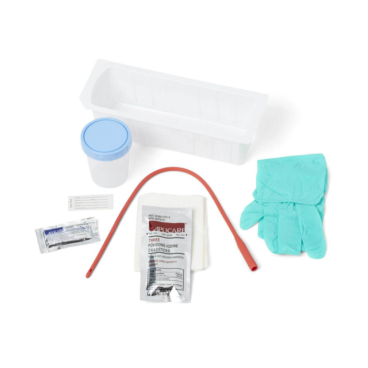 Catheter kit with red rubber catheter, teal gloves, solution cup, plastic tray, povidone-iodine swabsticks, and prep wipe