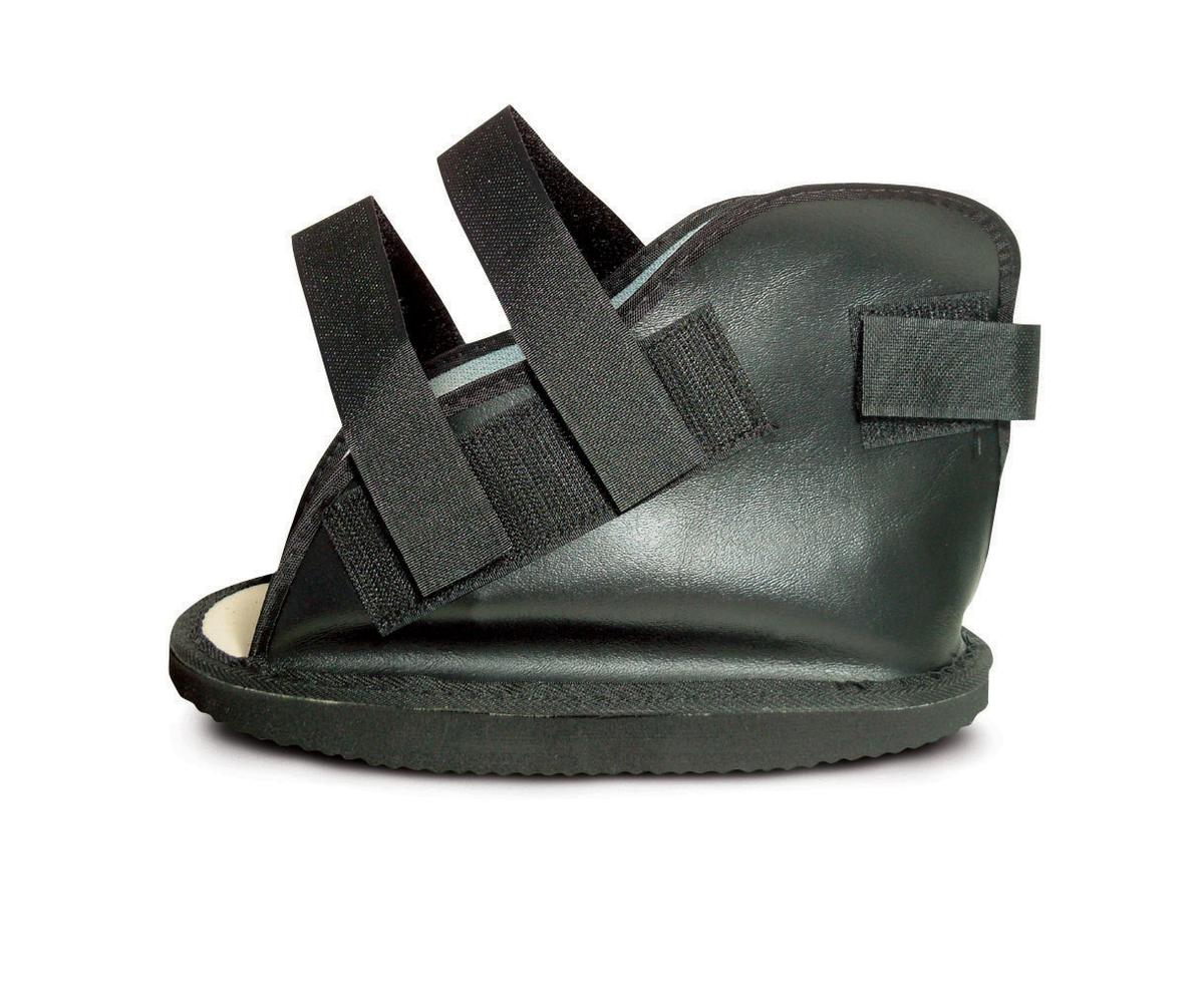 Vinyl closed toe cast boot in black with elastic cross straps, open heel design, and rubber sole