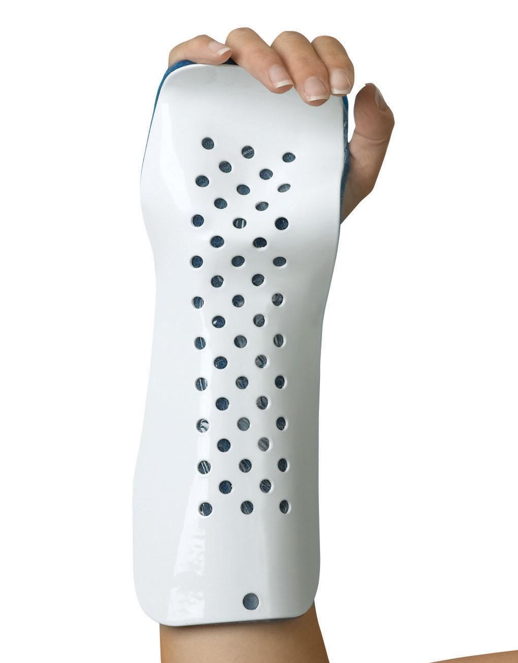 Padded foam forearm splint shown on a hand and wrist, white perforated hard shell with blue foam lining