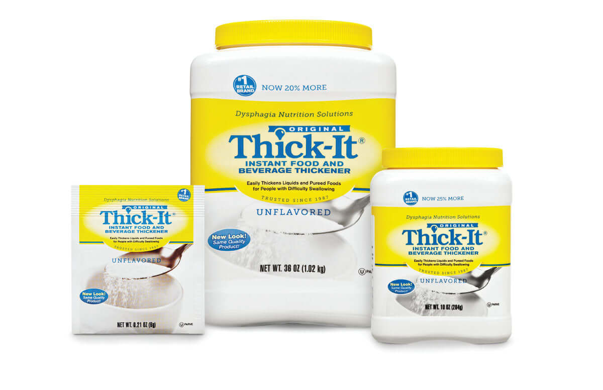 Thick-It Original Instant Food and Beverage Thickener in three sizes: single-serve packet, 10 oz jar, and 38 oz jar with