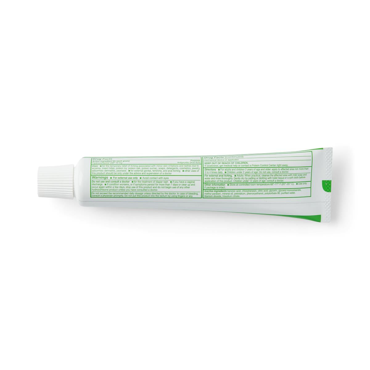 Topical anti-itch cream tube lying flat, showing green drug facts label on white packaging with white cap
