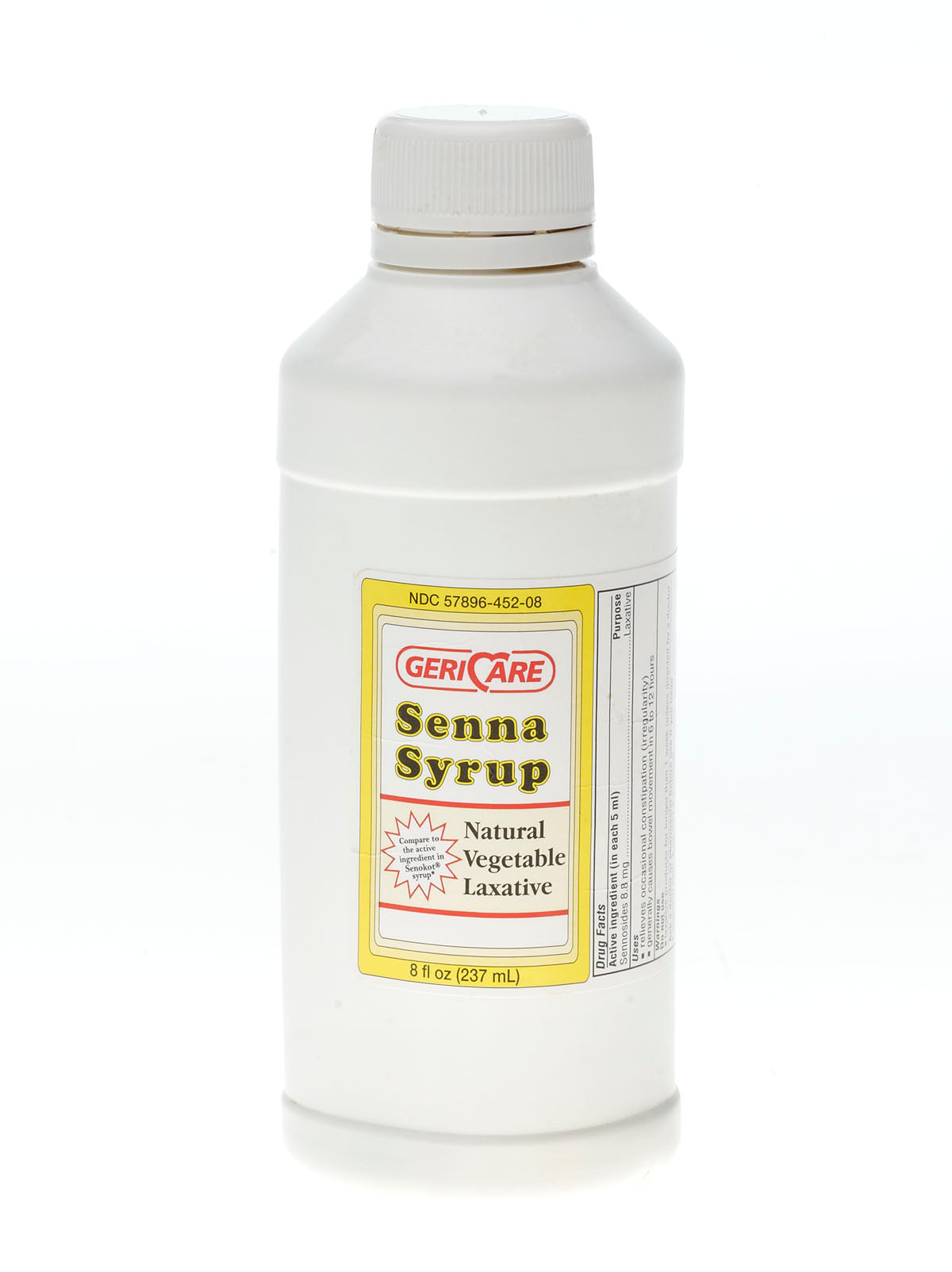 Senna syrup laxative in an 8 fl oz white plastic bottle with yellow and white label and white screw cap