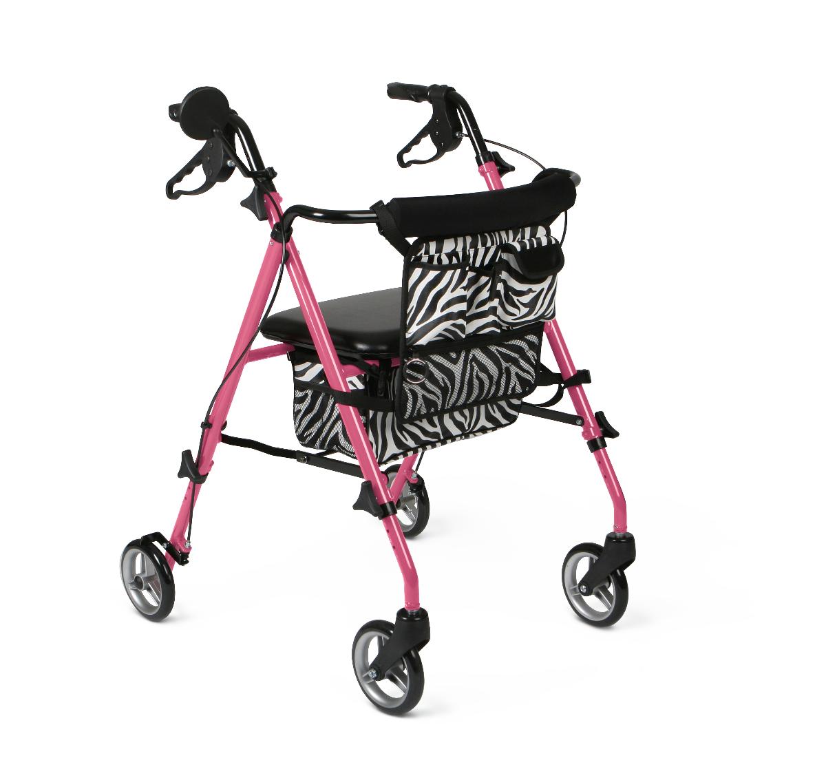 Rollator walker with pink frame, black padded seat, hand brakes, and zebra-print storage bag on four wheels
