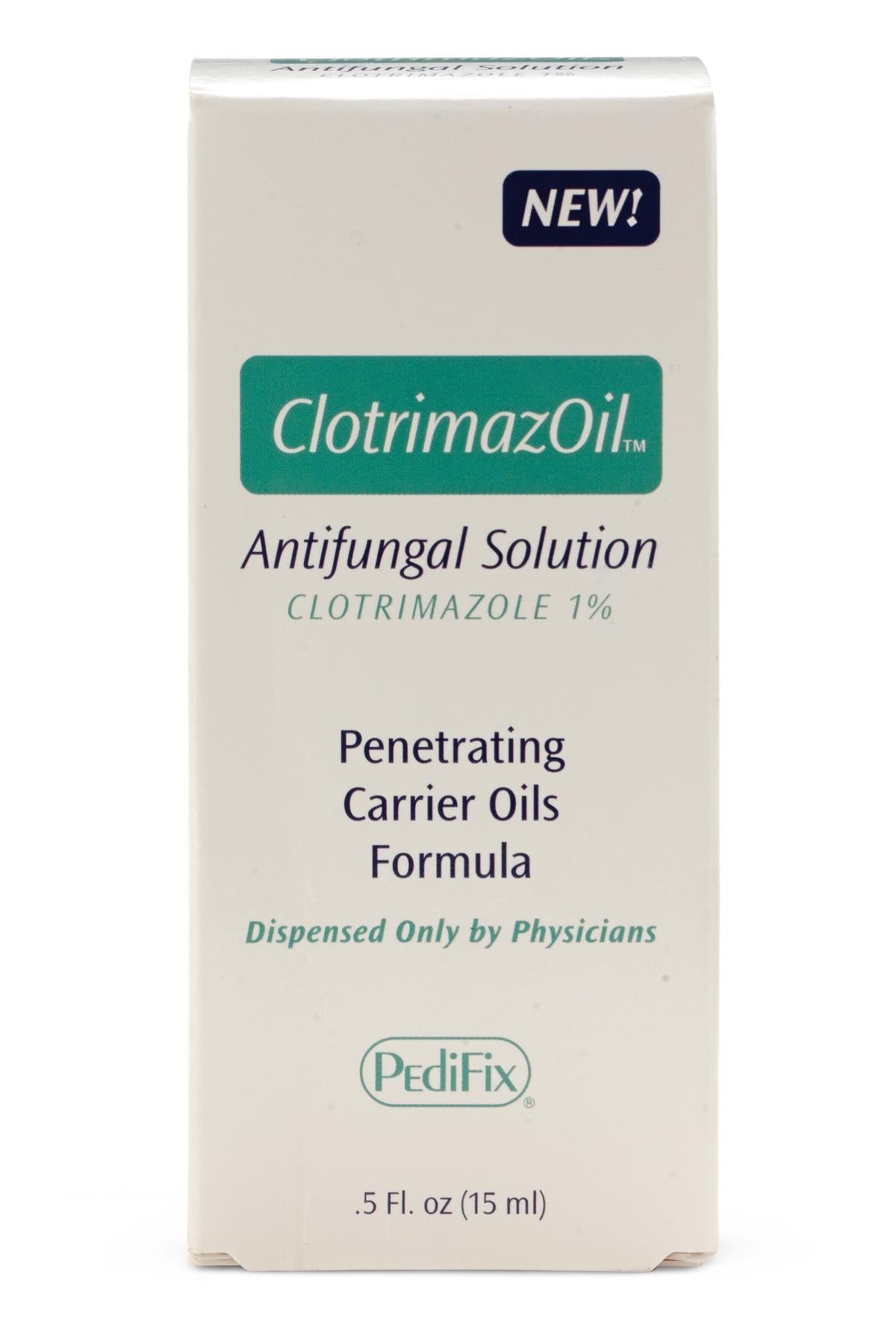 Antifungal solution box labeled ClotrimazOil by PediFix, clotrimazole 1%, penetrating carrier oils formula, 15 ml