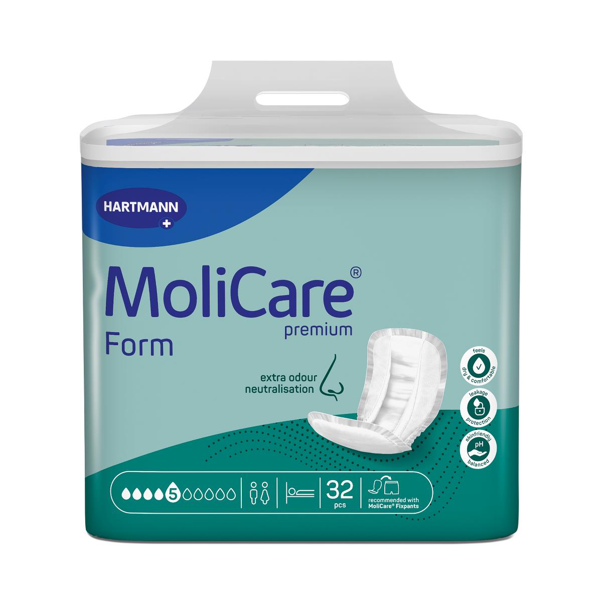 Incontinence pad liners in MoliCare Premium Form packaging, 32-count, teal and blue bag with absorbency level 5 icons
