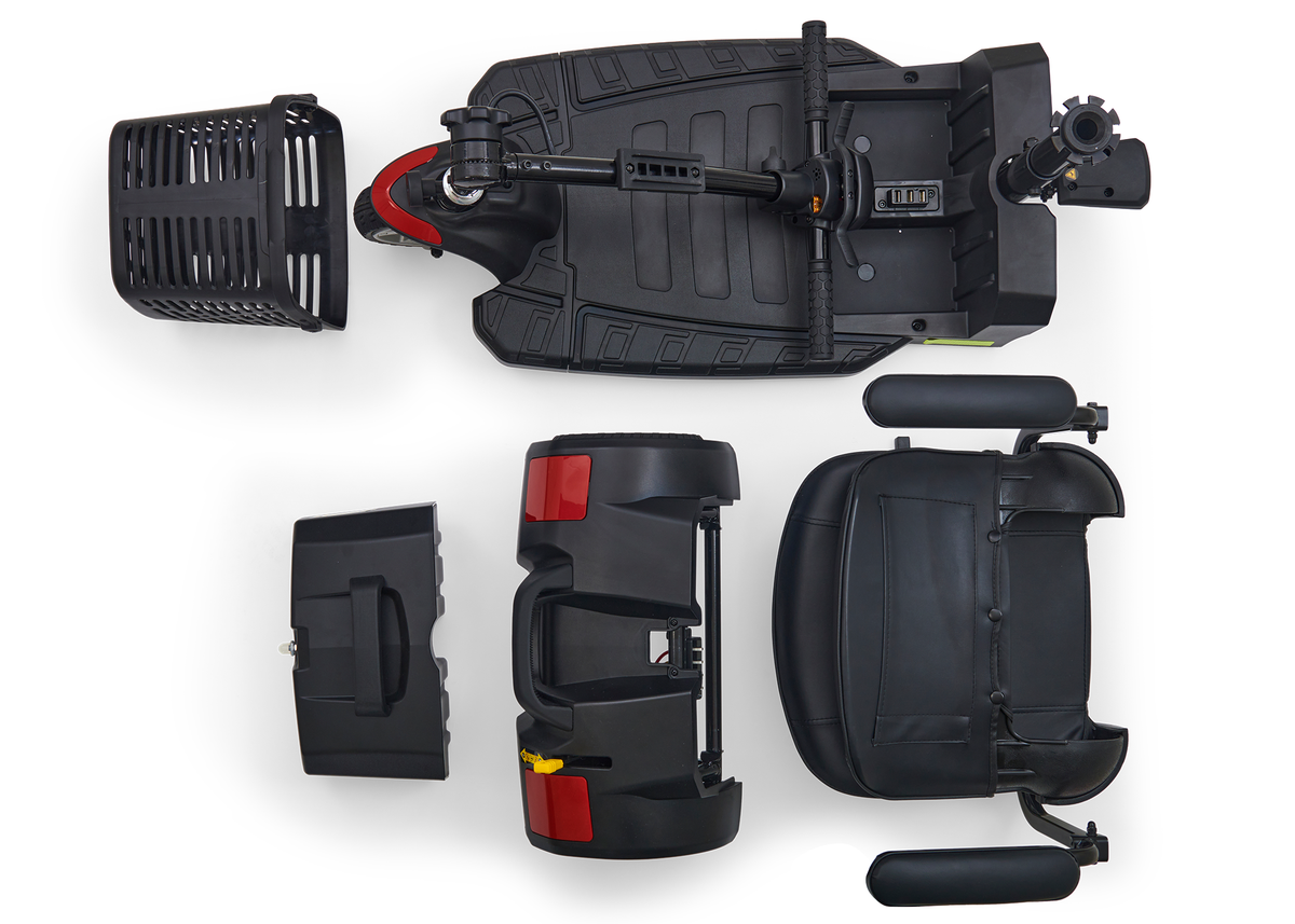 Power scooter disassembled into five black components including seat, tiller, rear section, battery cover, and basket, shown