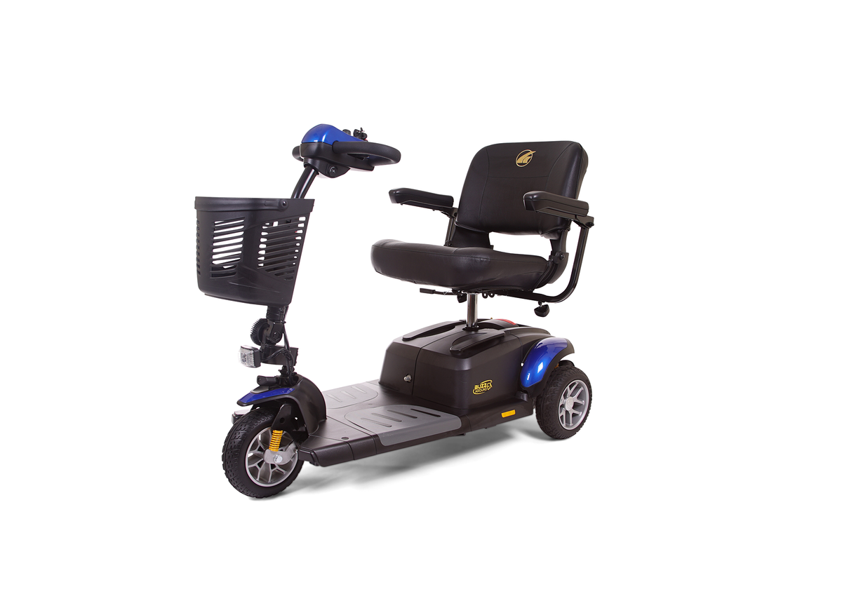 BuzzAround EX 3-wheel mobility scooter in blue and black with padded captain's seat, tiller controls, and front storage