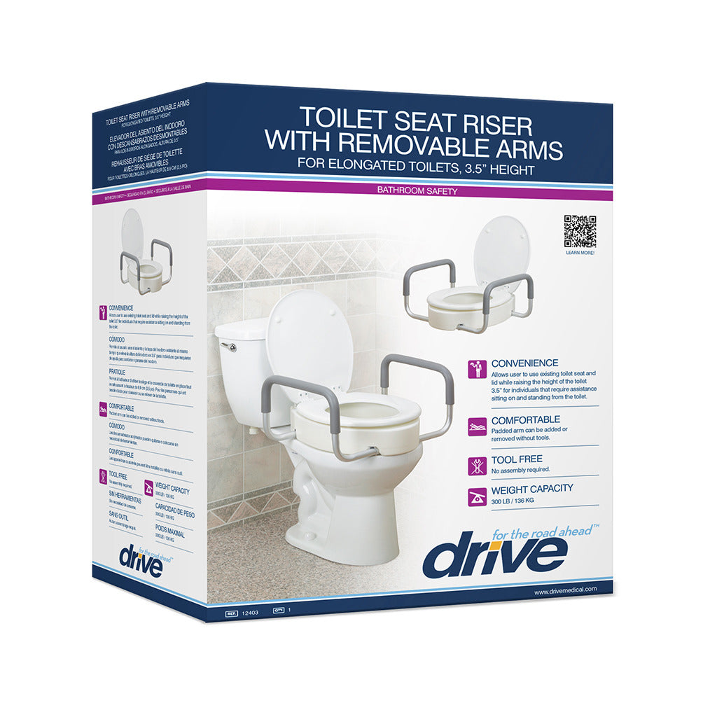 Toilet seat riser with removable arms in Drive-branded retail packaging, shown installed on an elongated toilet with padded