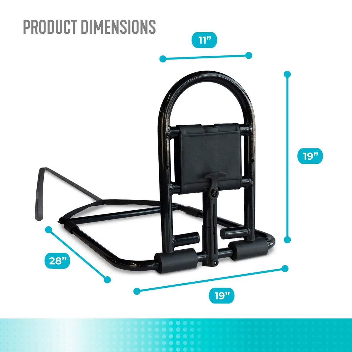 Bed rail with arched grab handle, padded support strap, and under-mattress base frame shown with dimension callouts: 11"W x