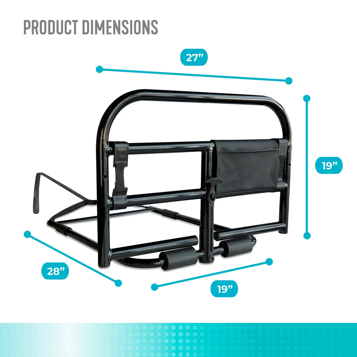 Bed rail dimensions diagram showing black steel safety rail measuring 27" wide, 19" tall, and 28" deep with storage pouch