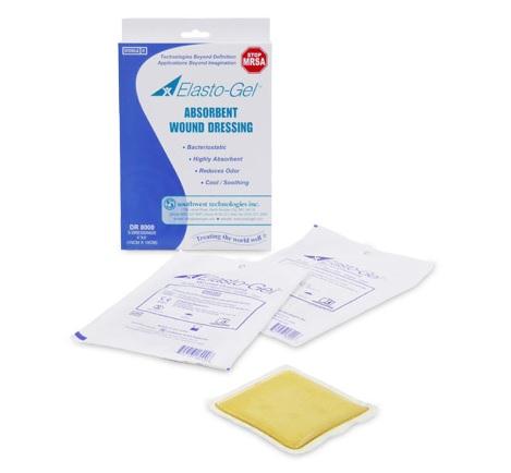 Elasto-Gel absorbent wound dressing box with two sealed pouches and one unwrapped gel dressing pad displayed in front