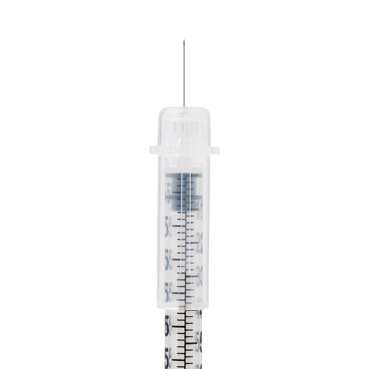 Insulin safety syringe with needle exposed, clear barrel showing measurement markings, and needle shield retracted