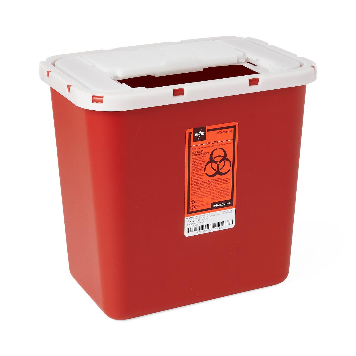 Sharps container, 2-gallon red plastic with white hinged lid, slot opening, and biohazard label on front