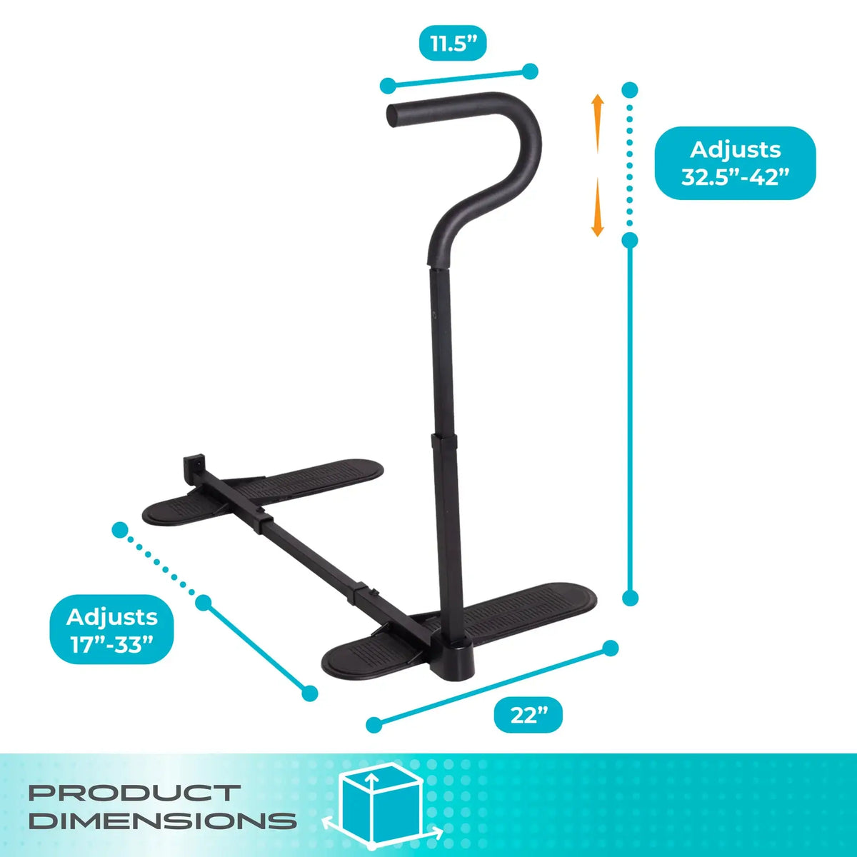 Stander Chair Cane with curved handle and adjustable floor base, dimensions labeled showing height 32.5–42" and base width