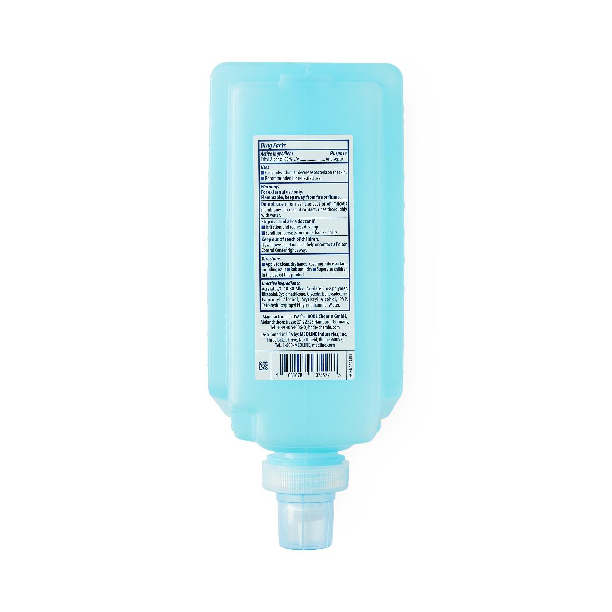 Hand sanitizer dispenser refill cartridge, 1000 mL, blue gel visible through translucent rectangular bottle with pump nozzle