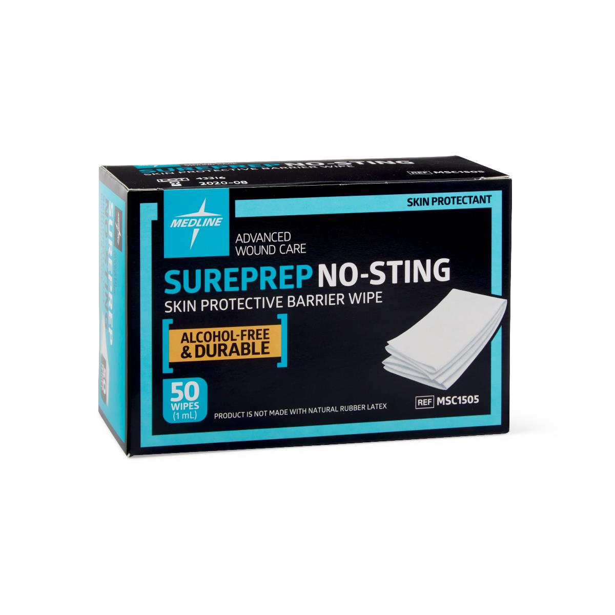 Skin protective barrier wipes box labeled Sureprep No-Sting, black and teal packaging, 50 wipes, alcohol-free