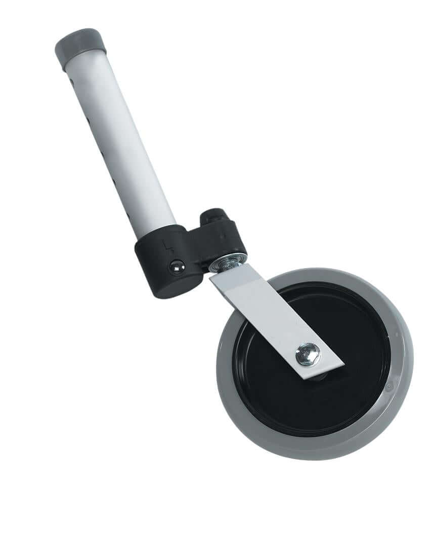 Walker swivel caster wheel with aluminum stem and black bracket, featuring a gray rubber tire and metal hardware