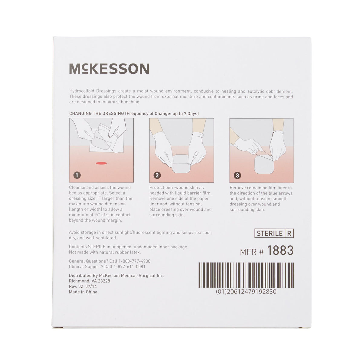 McKesson hydrocolloid dressing box back panel showing three-step application instructions and product details on white