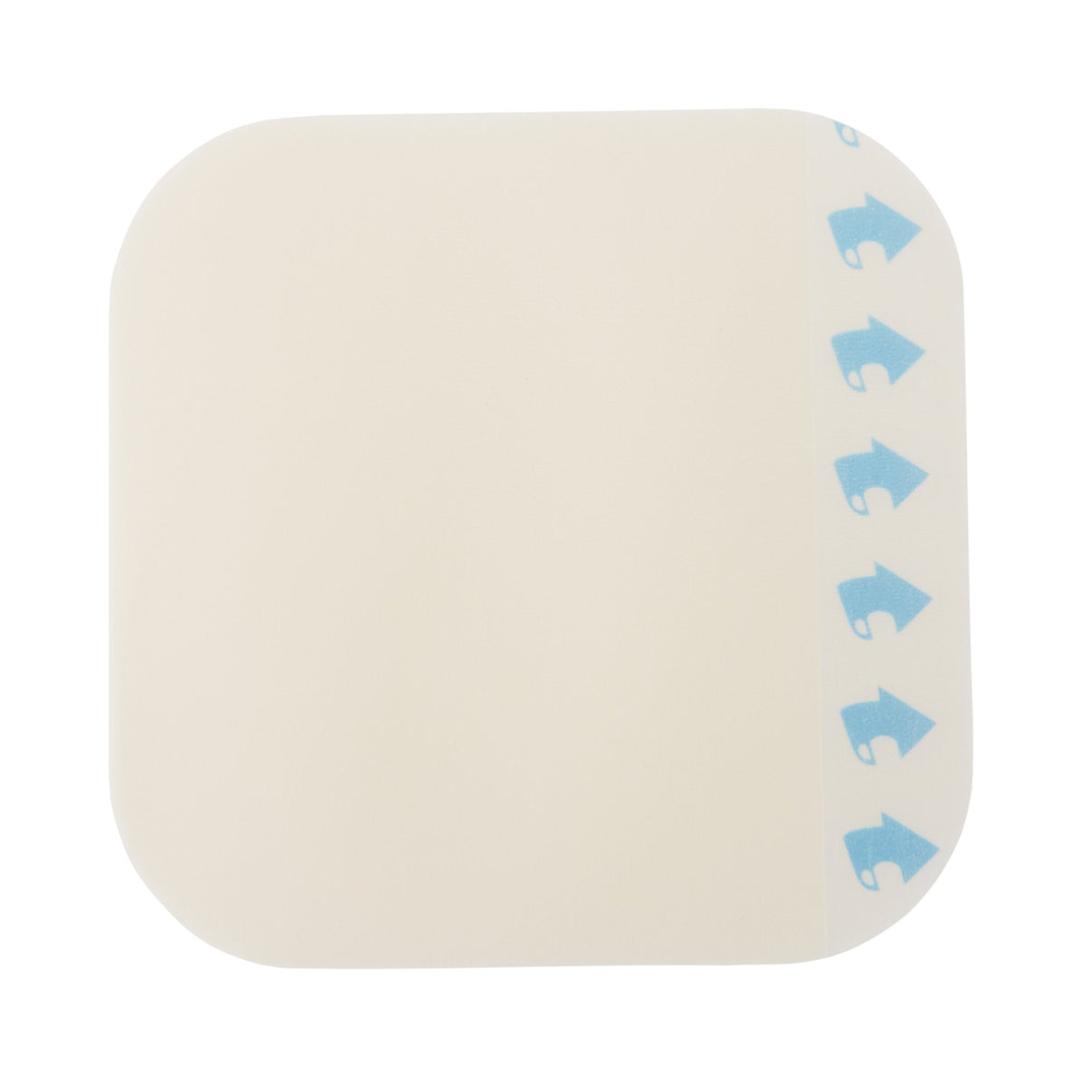 Thin hydrocolloid wound dressing, square with rounded corners, white film backing and blue arrow pull tabs along right edge