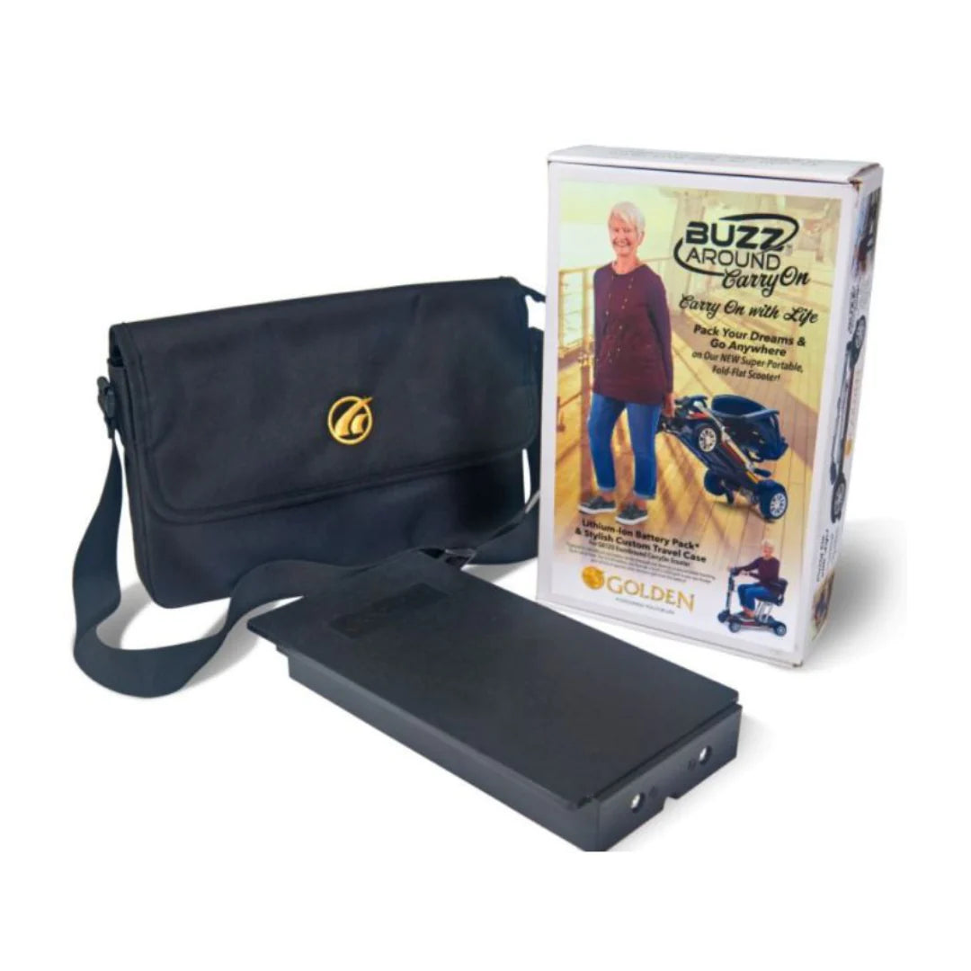 Scooter battery pack and black shoulder carry bag beside Golden Buzzaround CarryOn product box on white background