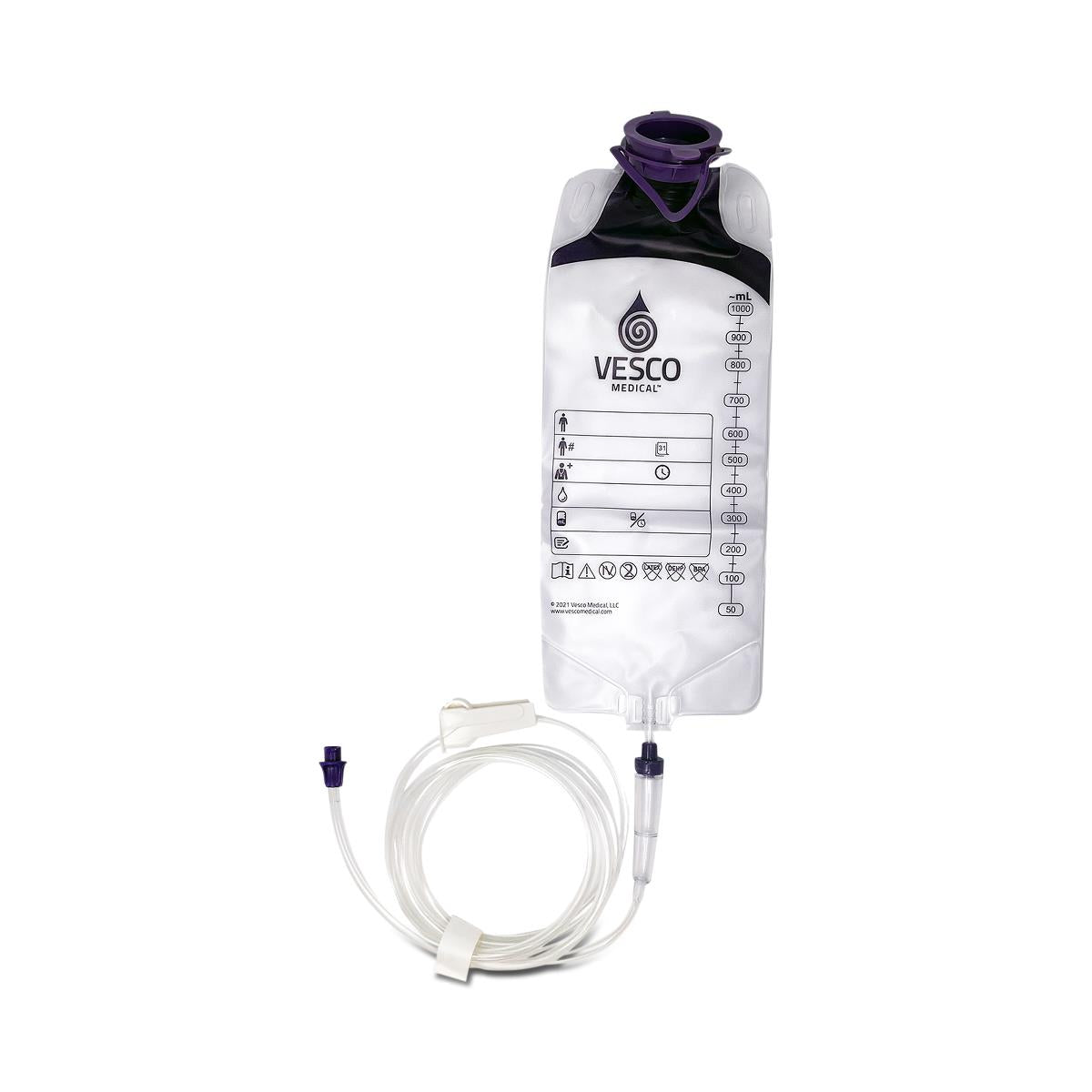 Vesco Medical enteral feeding bag with milliliter volume markings, purple ENFit cap, and attached large-bore gravity tubing