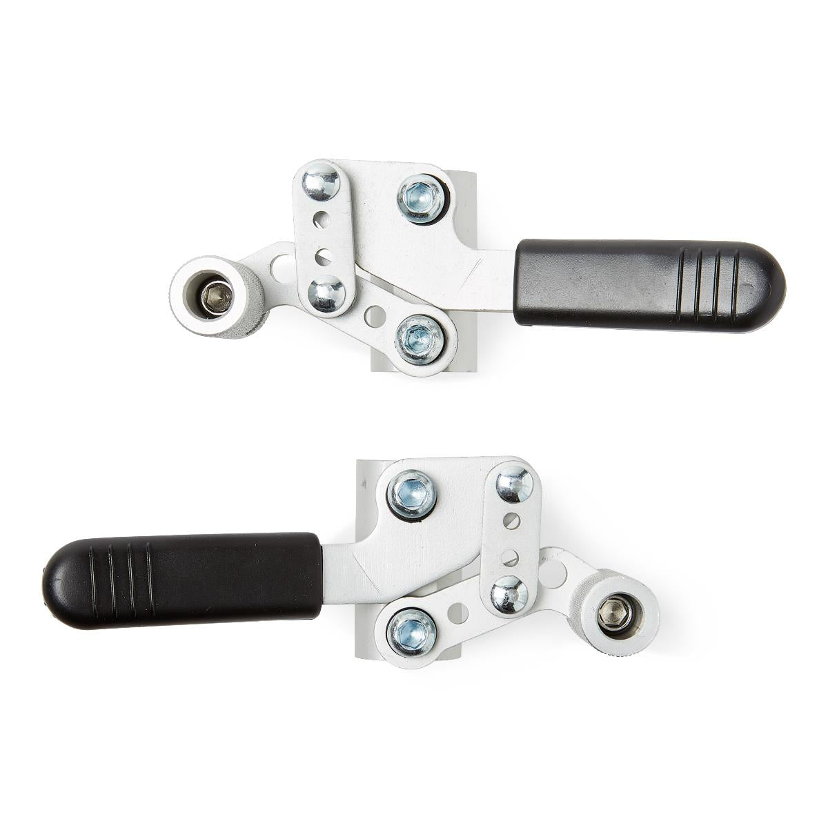 Pair of wheelchair wheel lock assemblies with silver metal brackets, bolts, and black grip handles shown from both sides