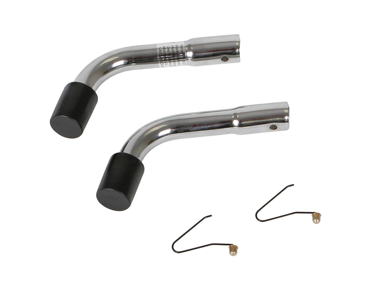 Pair of wheelchair anti-tip device extensions, chrome-plated curved tubes with black rubber tips and two retaining pin clips
