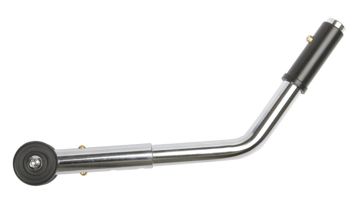 Wheelchair anti-tipper arm with chrome metal shaft, angled bend, black cylindrical handle, and rubber-tipped mounting end