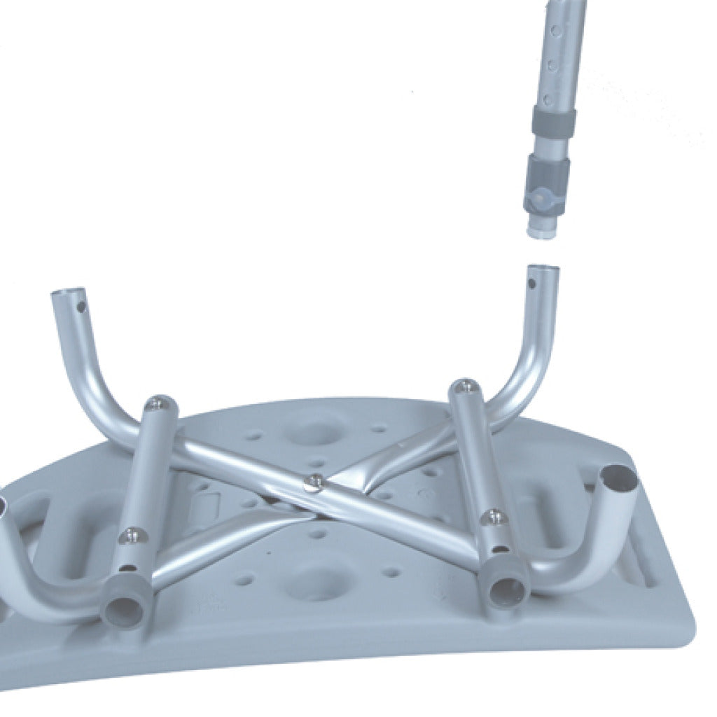 Shower tub bench chair base with silver aluminum frame legs and gray plastic seat platform shown disassembled