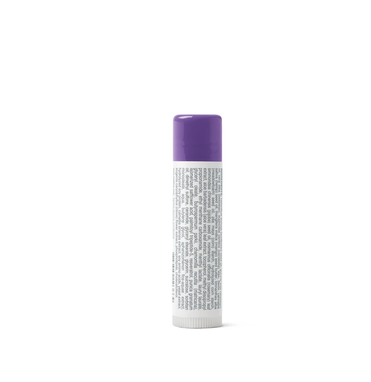 Remedy Phytoplex Lip Balm stick in white tube with purple cap, ingredient label visible, 0.15oz