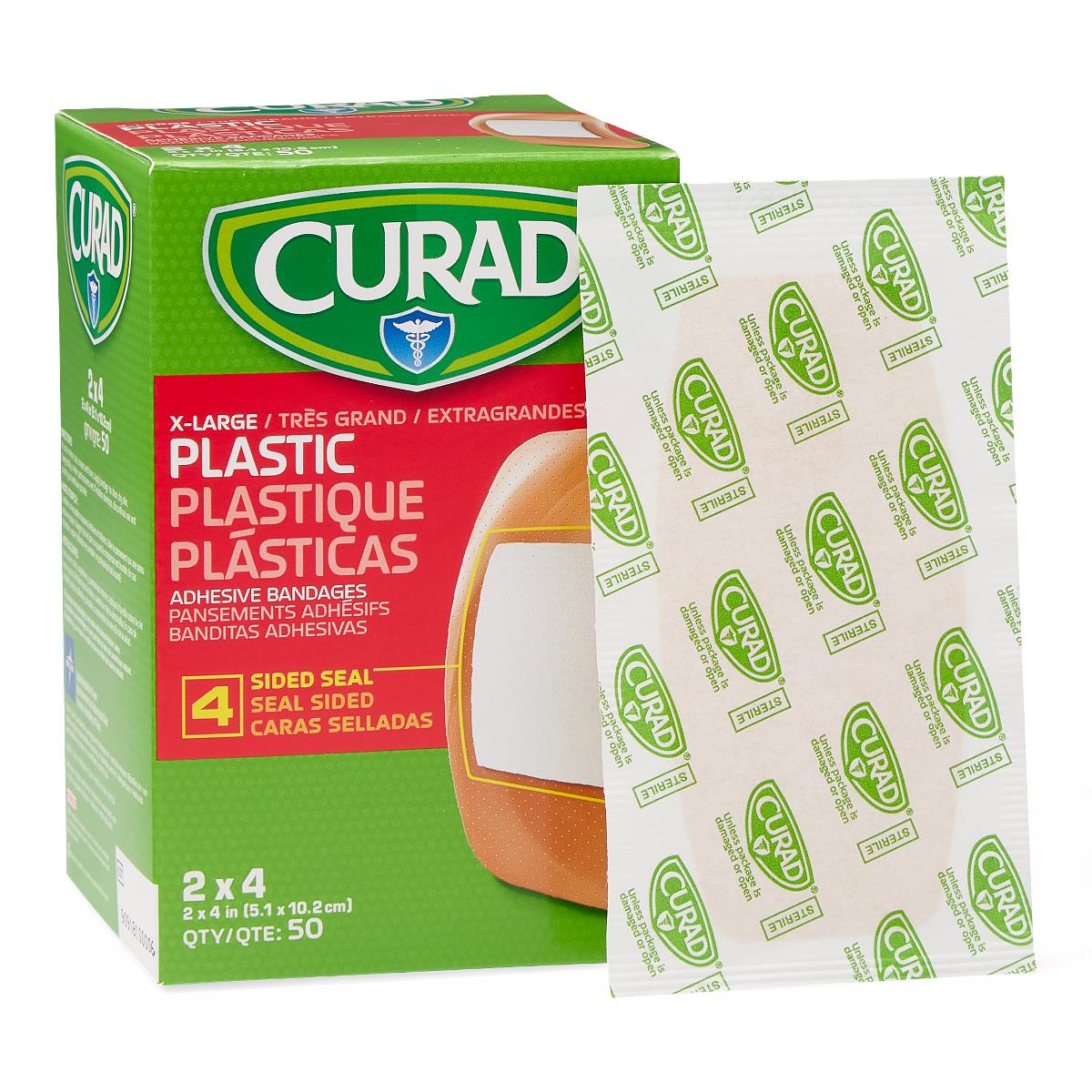 Adhesive bandage box of 50 extra-large plastic bandages with a single sterile individually wrapped bandage shown beside the