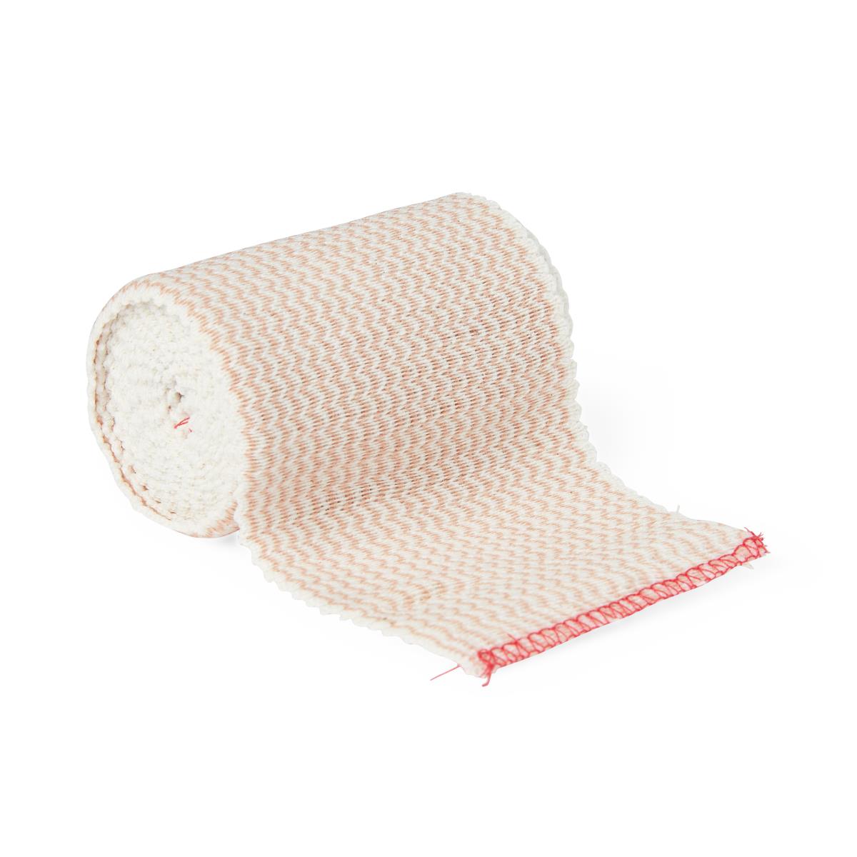 Elastic bandage roll with white and tan woven fabric and red stitched edge, partially unrolled on white background