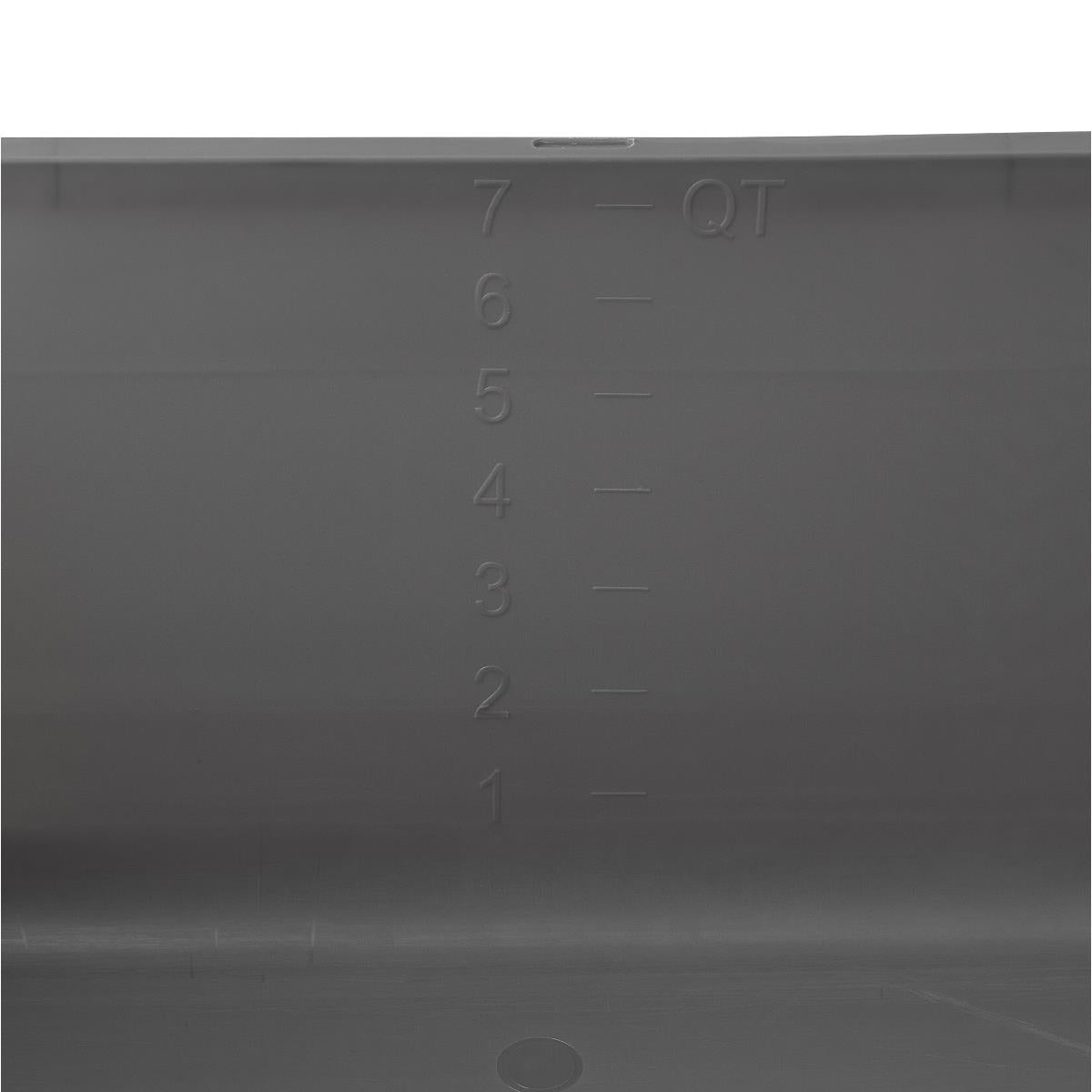 Rectangular wash basin interior showing embossed quart measurement markings from 1 to 7 QT on gray plastic