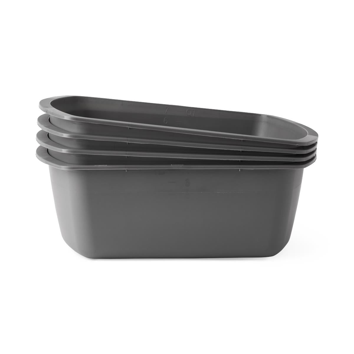 Rectangular wash basins in gray plastic with measurement markings, set of four stacked together on white background