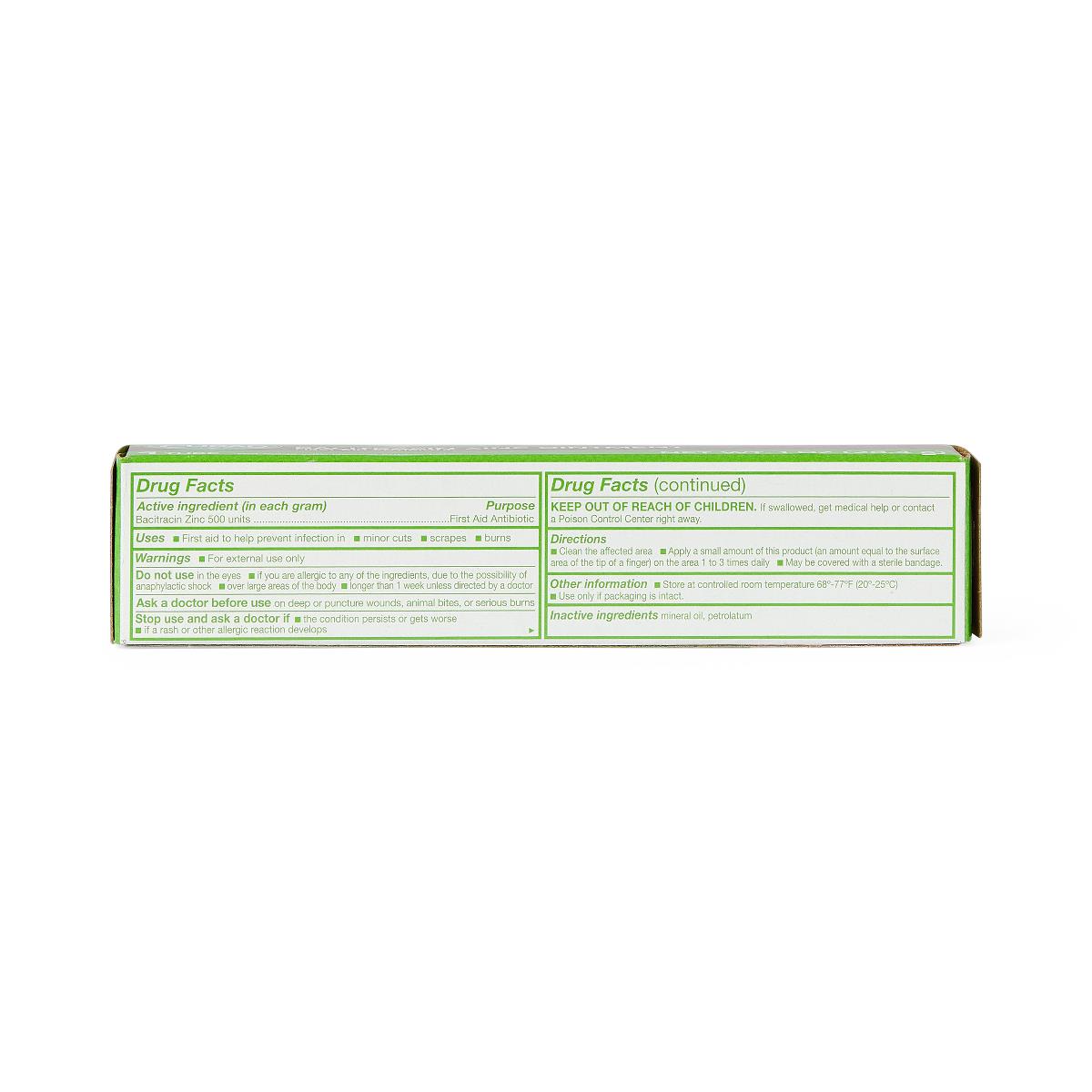 Bacitracin zinc first aid antibiotic ointment box side panel showing drug facts label with directions and warnings
