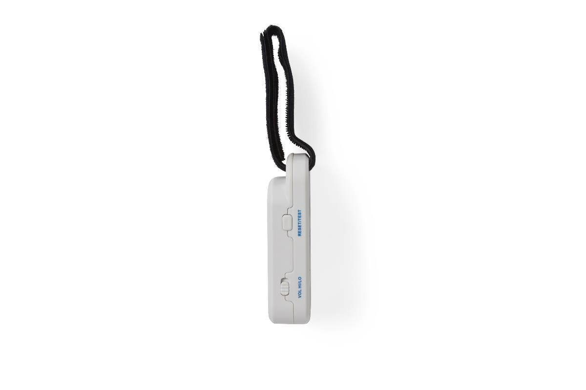 Bed or chair alarm monitor, white rectangular device with side buttons and black wrist strap, shown from the side