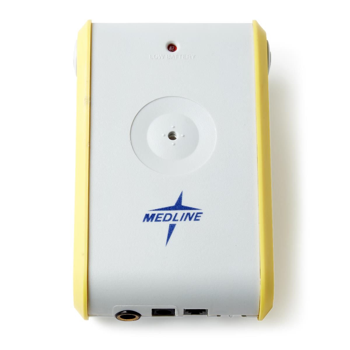Medline bed and chair patient alarm monitor, white with yellow side guards, low battery indicator light, and port