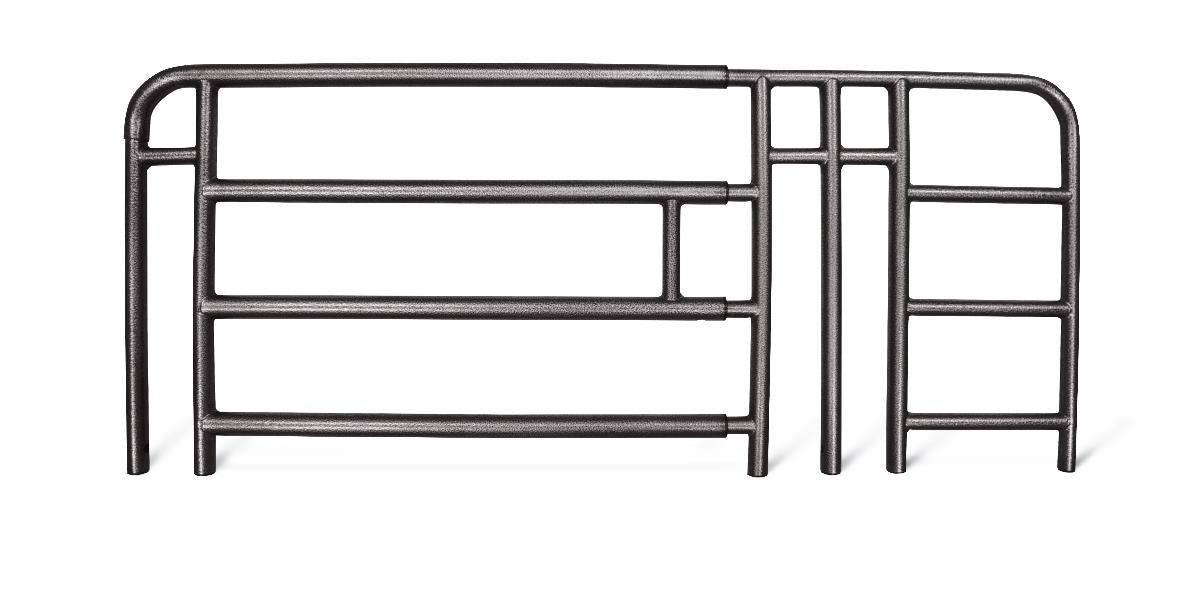 Universal full bed rails in dark gray metal tubing with horizontal bars and two-section telescoping design