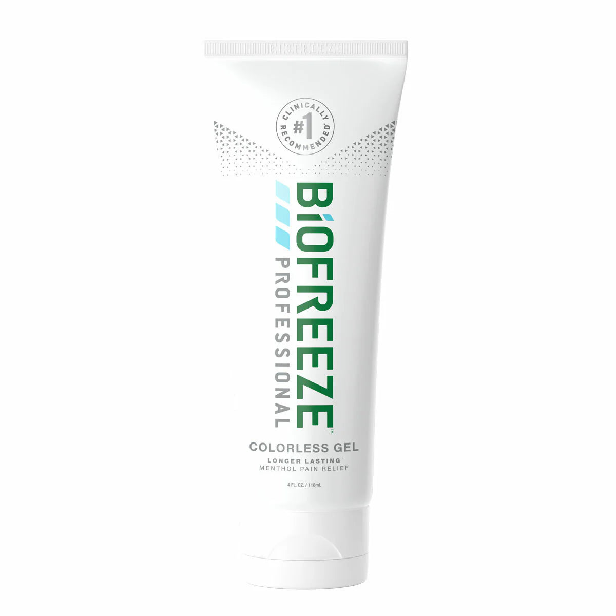 Biofreeze Professional topical gel in a white 4 oz squeeze tube with green and teal branding, colorless formula