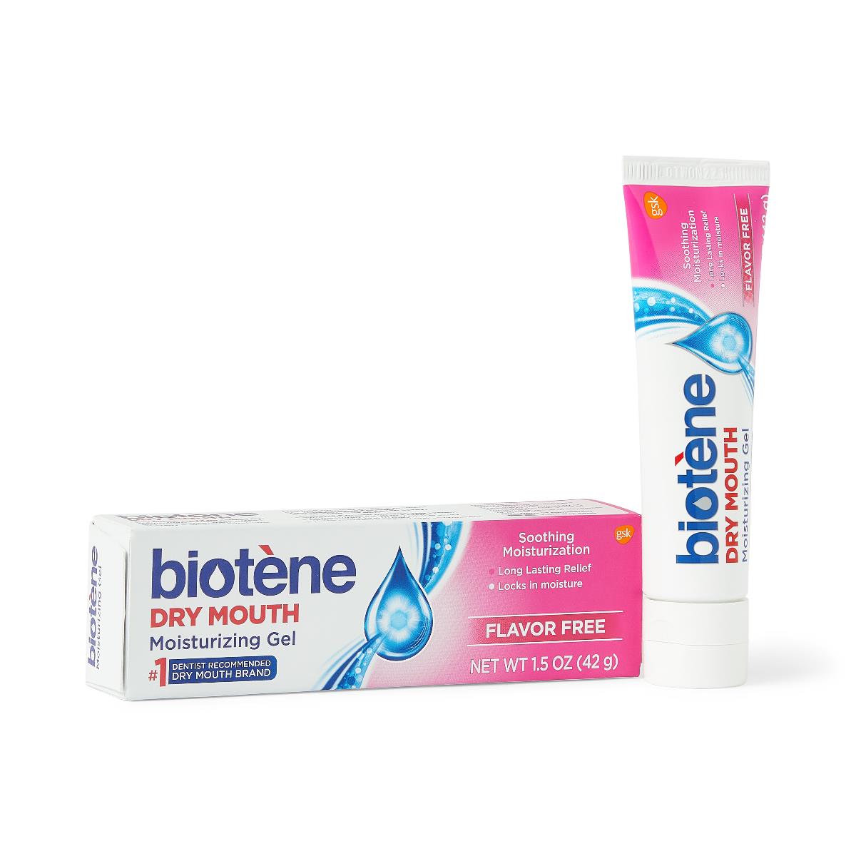 Biotene Dry Mouth Moisturizing Gel 1.5 oz tube displayed beside its pink and white retail box, flavor free formula