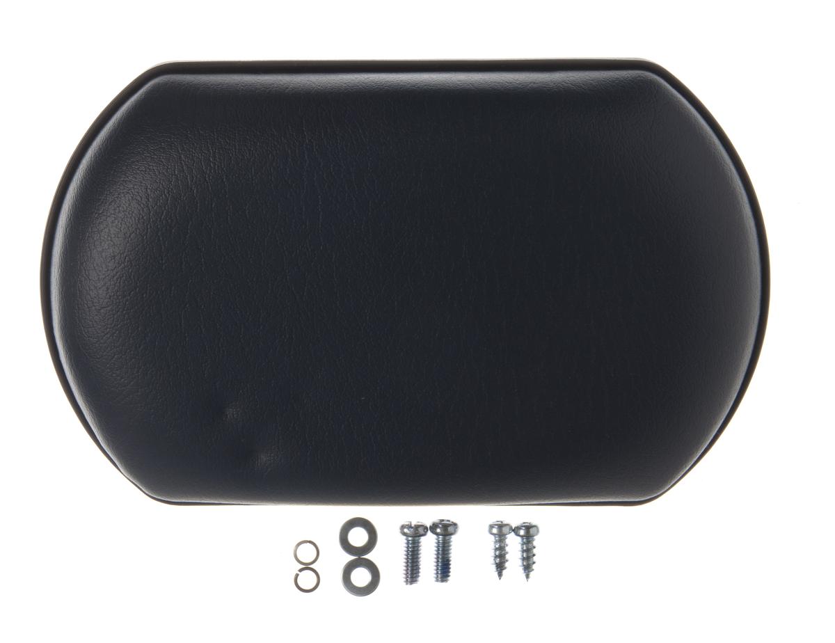 Wheelchair calf pad in black vinyl with rounded corners, shown with mounting screws and washers included