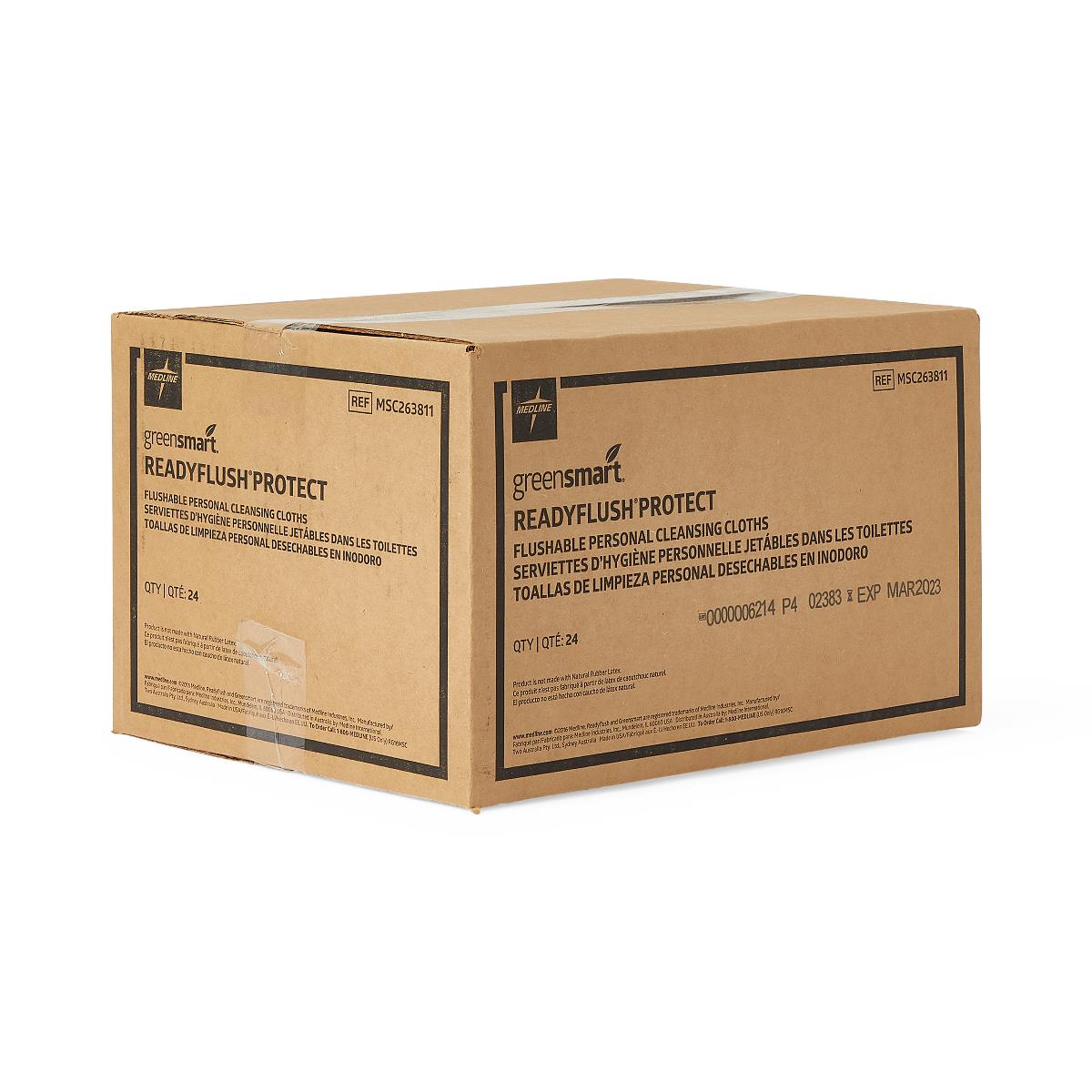 Flushable personal cleansing cloths in a cardboard case of 24 labeled ReadyFlush Protect by Medline GreenSmart