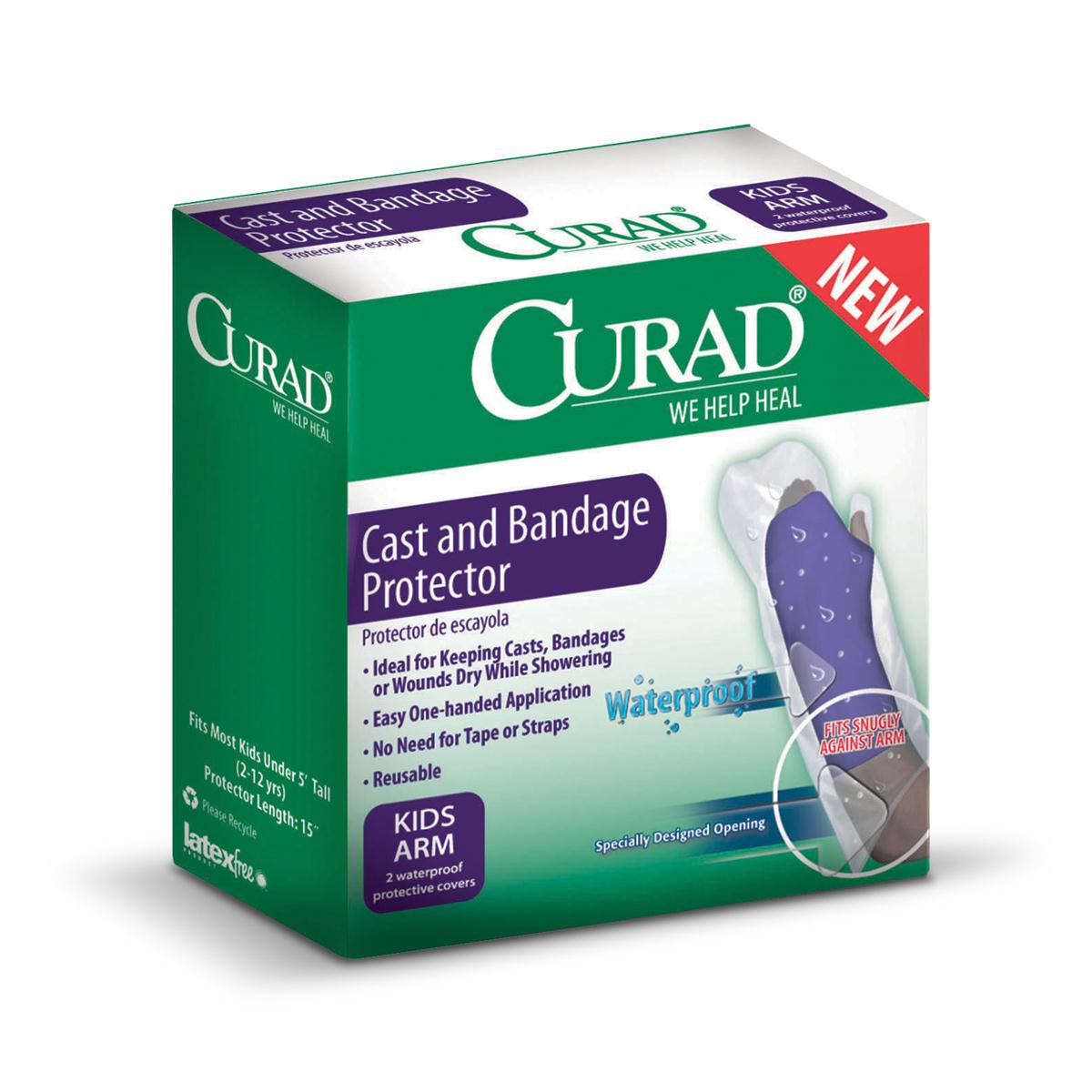 Cast and bandage protector box labeled Curad Kids Arm, green packaging showing a waterproof arm sleeve cover for children