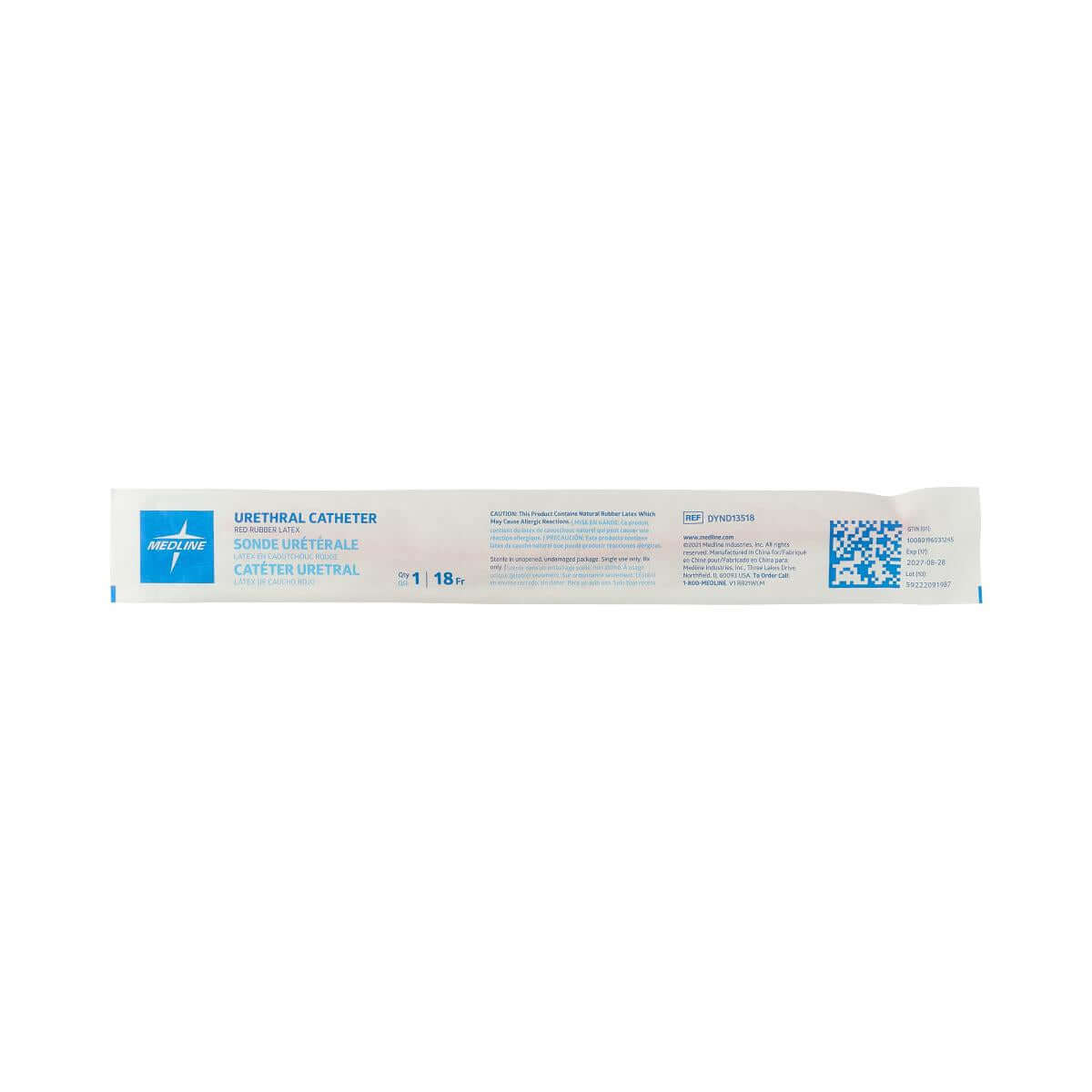 Sterile red rubber urethral catheter in sealed packaging labeled 18 Fr with product information and QR code