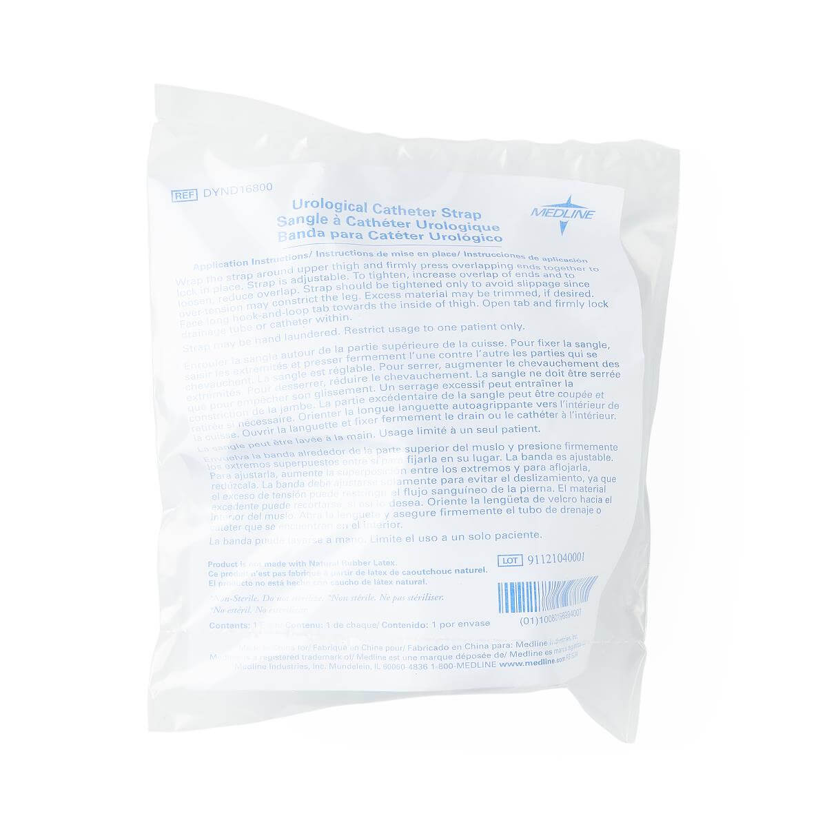 Urological catheter strap in sealed clear plastic packaging with multilingual instructions printed on the label