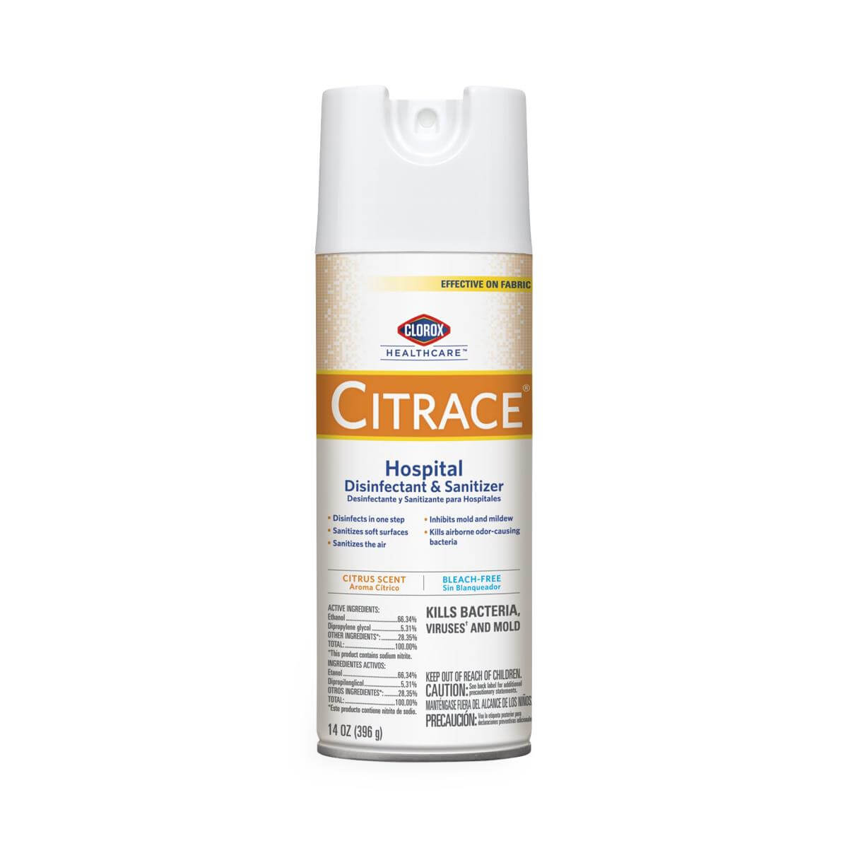 Disinfectant spray can of Clorox Healthcare Citrace Hospital Disinfectant & Sanitizer in citrus scent, 14 oz aerosol bottle