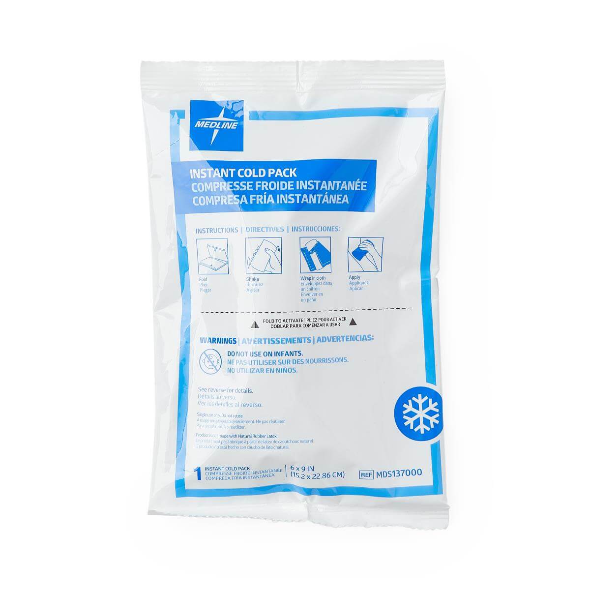 Instant cold pack in white and blue single-use packaging with multilingual instructions and snowflake icon